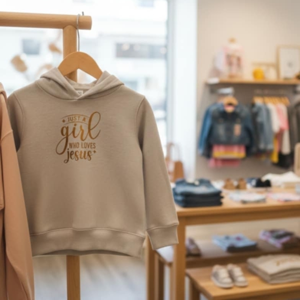 Kids Beige Hoodie - Just a Girl Who Loves Jesus - Picture 2 of 3